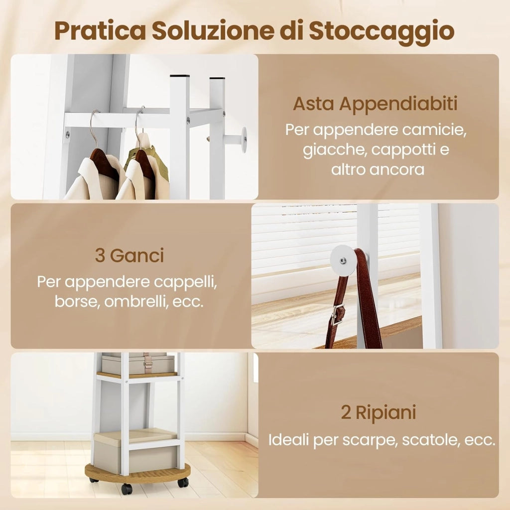 Appendiabiti con Specchio a Figura Intera, Appendiabiti Autoportante con 3 Ganci e Ripiani per Stoccaggio, Specchio da Terra con Ruote per Camera da Letto e Ingresso (Naturale)