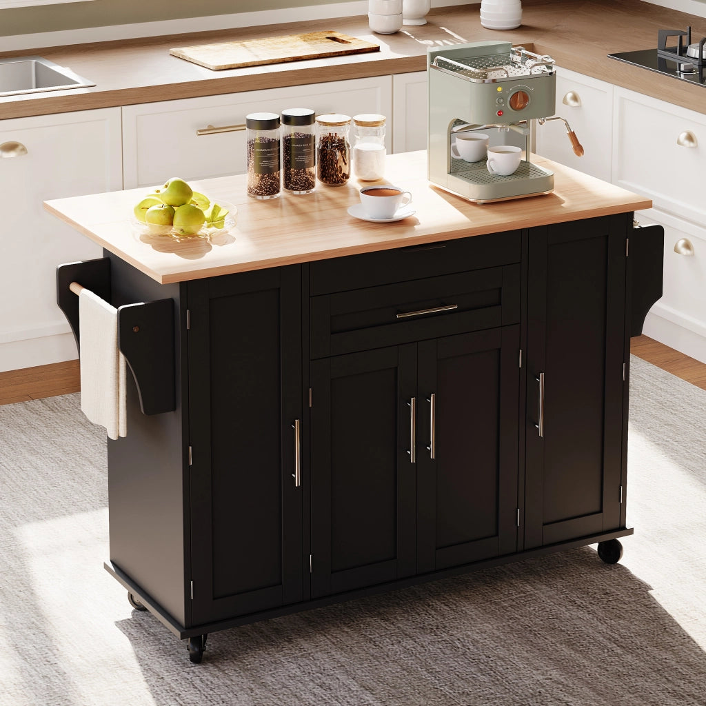 Isola cucina mobile in MDF nera e naturale con piano allungabile