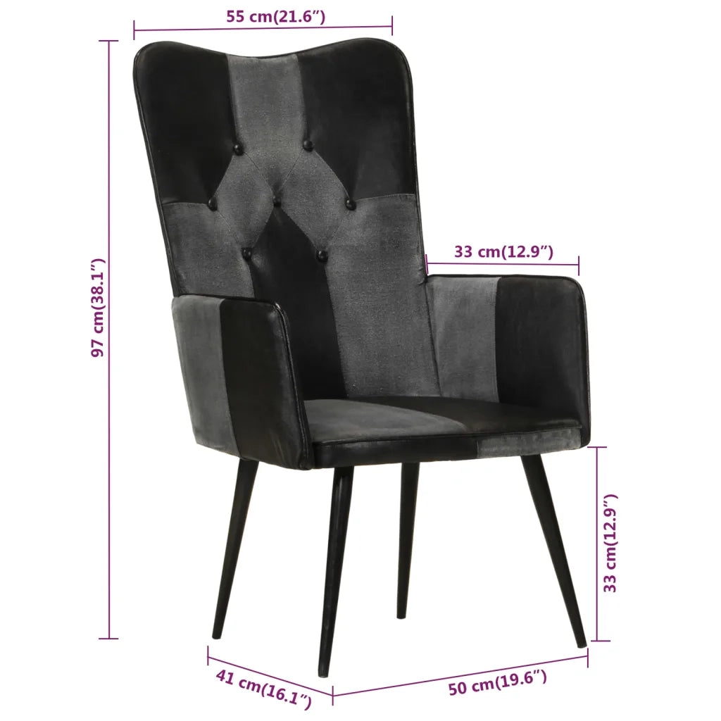 Poltrona Wingback Nera e Grigia in Vera Pelle 339662
