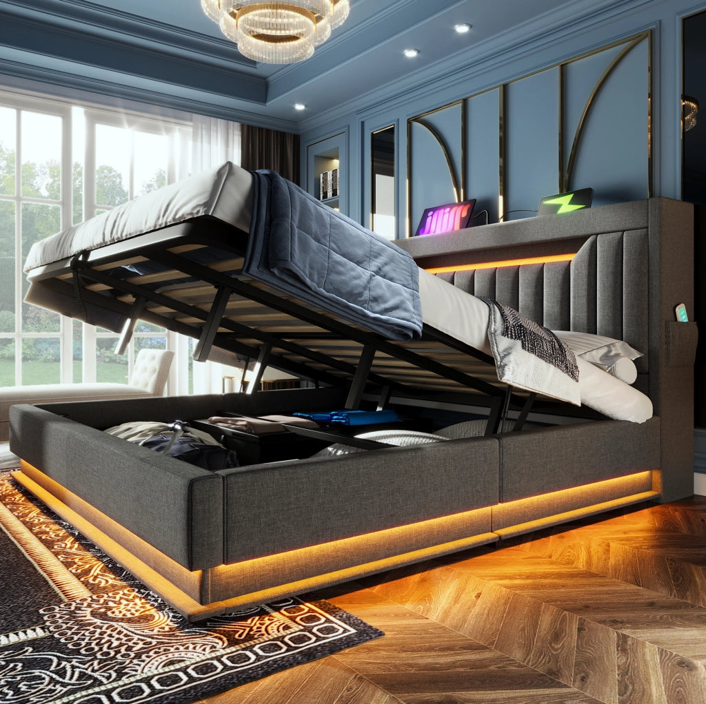 Letto matrimoniale 180x200 cm con LED, USB e vano contenitore