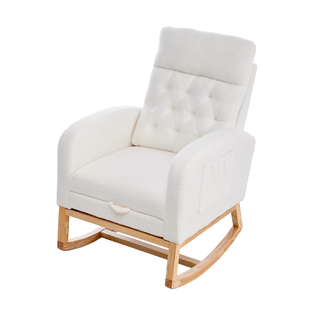 Sedia a dondolo 65.6x123x102 cm con poggiapiedi estraibile e tasche laterali in bouclé; legno; bianco