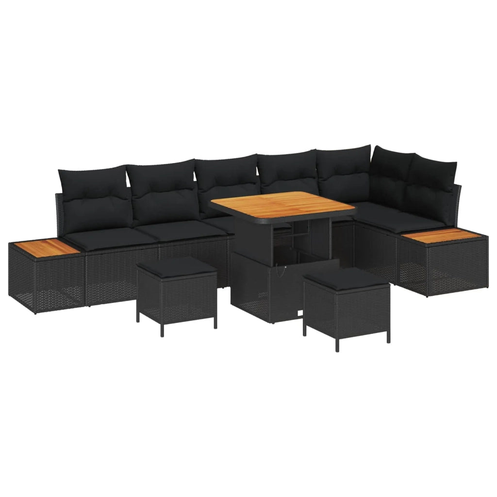 Set Divano da Giardino con cuscino 9 pcs Nero Poly Rattan