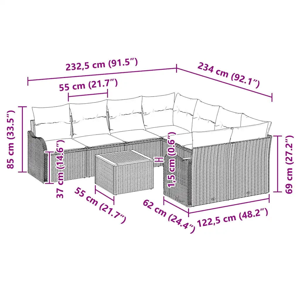Set Divano da Giardino con cuscino 9 pcs Nero polyrattan 3347436