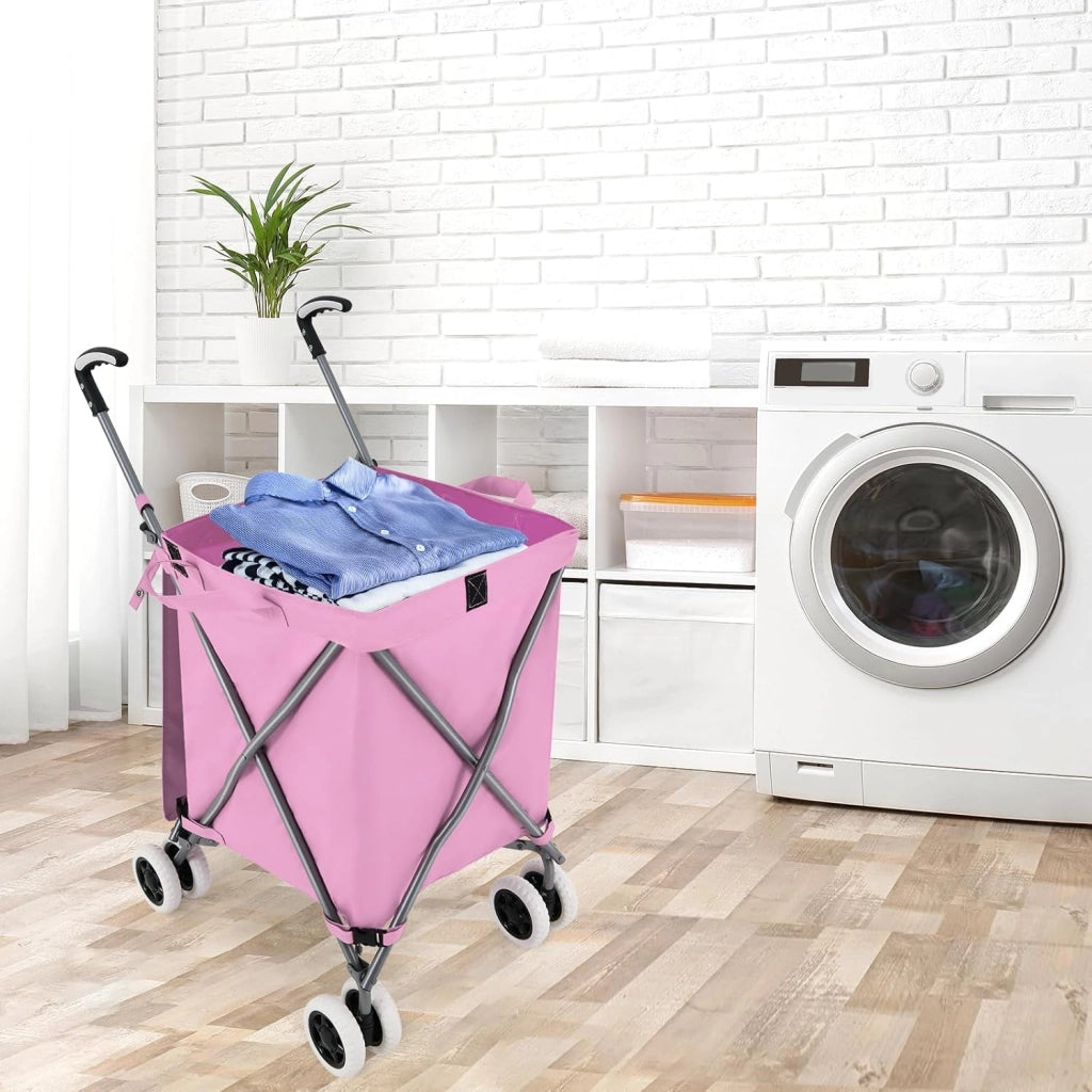 Carrello Spesa Pieghevole con Ruote, Carrello Portaspesa con Fodera in Tessuto Oxford Rimovibile e Impermeabile, 90L, Capacità di peso 55 kg (Rosa)