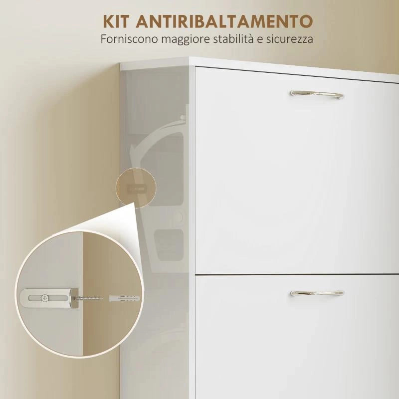MOBILE SCARPIERA A 5 ANTE ANTIRIBALTAMENTO, IN LEGNO, 65X17X180.5 CM, BIANCO