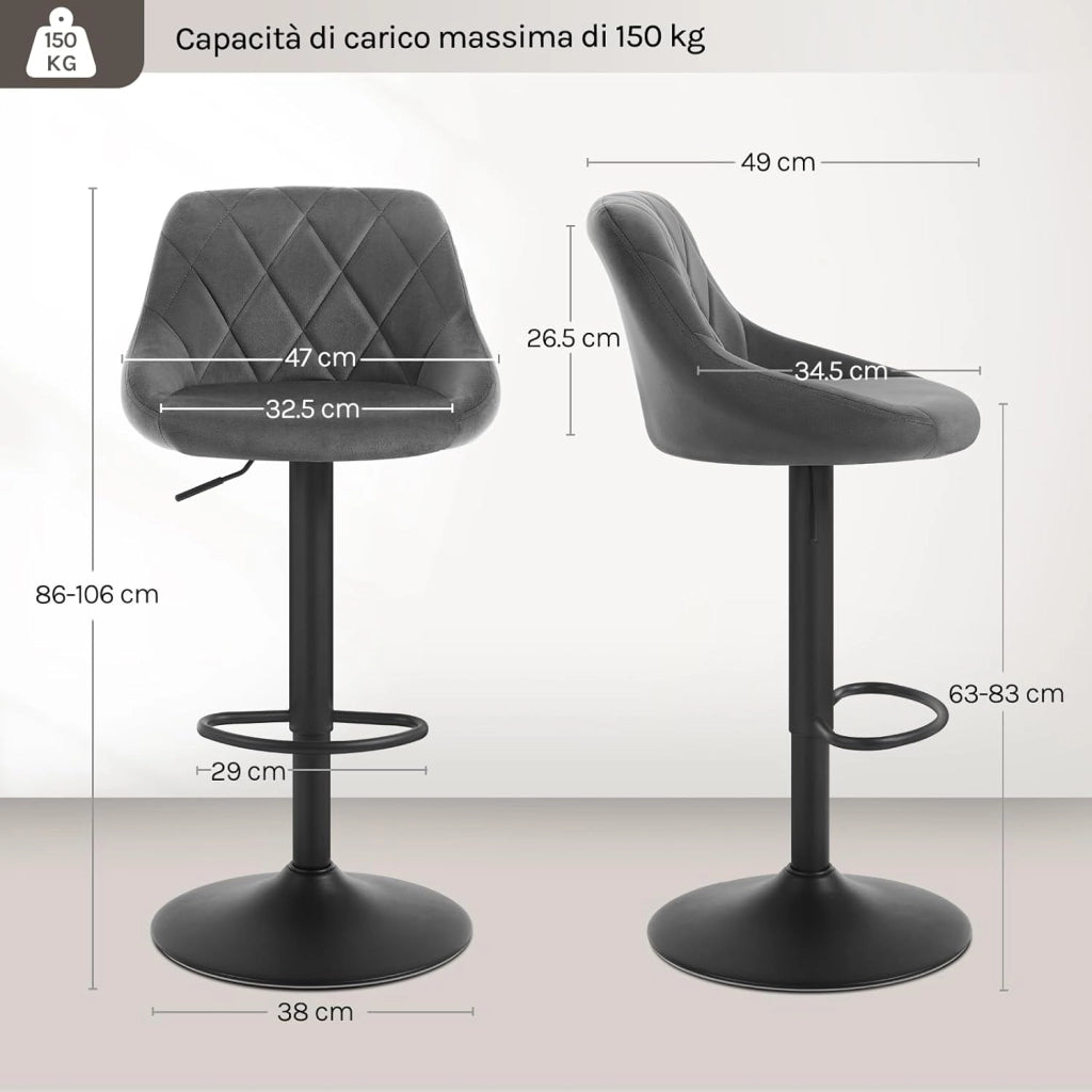 Sgabello da Bar Moderno Girevole Sedia Cucina Alta con Schienale Quadrato Poggiapiedi Senza Braccioli Altezza Regolabile in Velluto Grigio Scuro 1 Pezzo