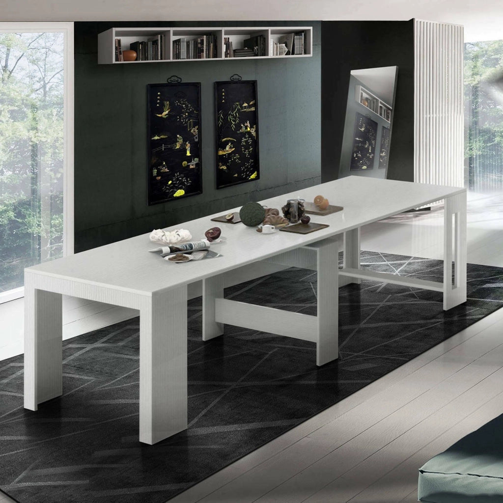 Anello, Consolle Allungabile 12 Posti Made in Italy, 300x90x77h cm Bianco Anticato