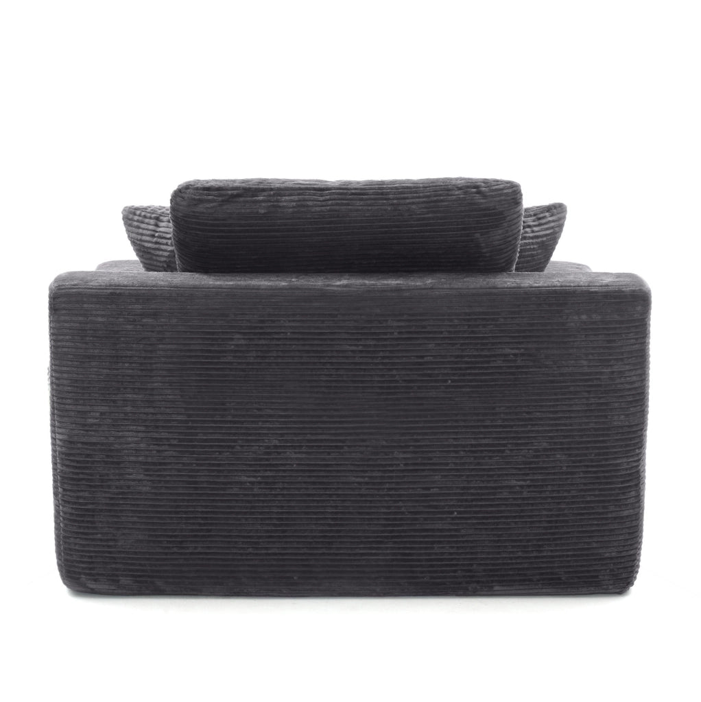 Divano compatto in corduroy con tasche laterali e cuscini; grigio scuro