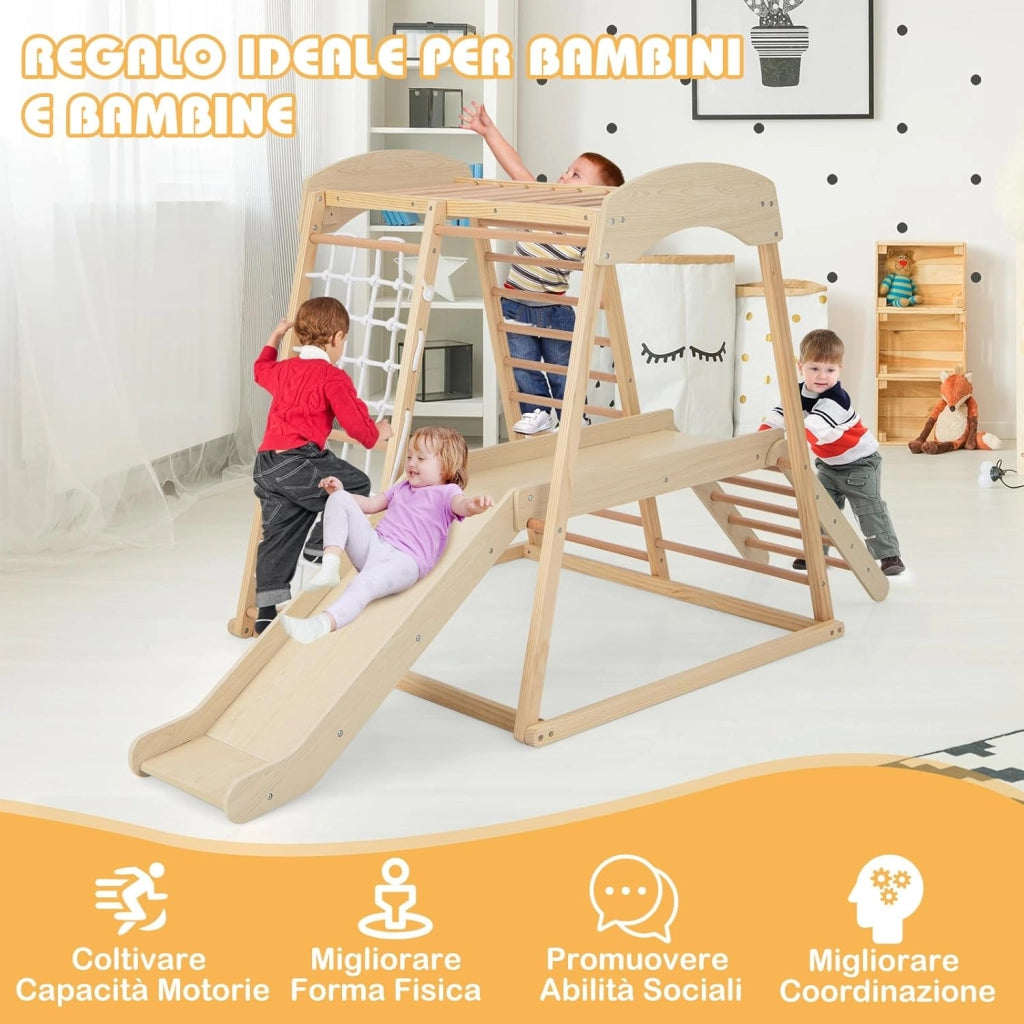 6 in 1 Set Arrampicata per Bambini, Palestra in Legno con Barre di Scimmia Scivolo Corda e Scale in Legno, Parco Giochi per Bambini 1+ Anni (Naturale)