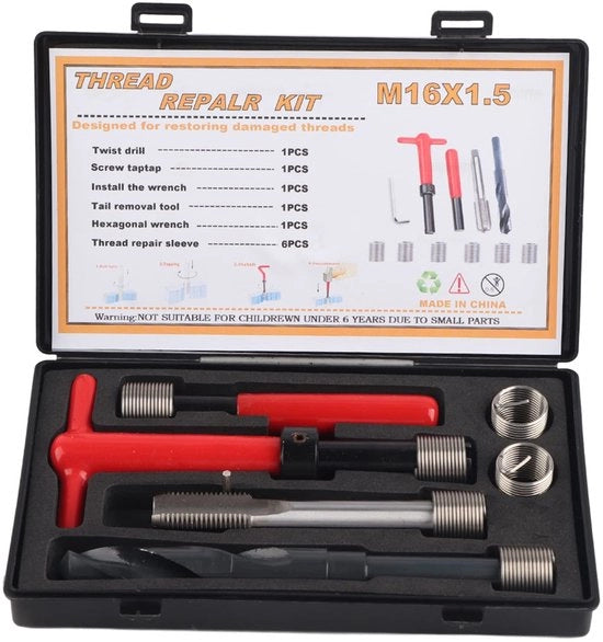 Kit di Riparazione per Filo M16x1.5 - Misuratore del Filo - Acciaio Inossidabile - Inserzione Helicoil - Trapano e Set di Forature - Chiave di Installazione - Set di Filo a Vite
