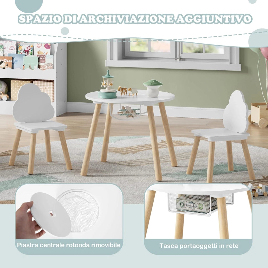 Set di Tavolo e Sedie per Bambini, Rotondo in Legno Con 2 Sedie, Tavolino a 3 Pezzi per Asilo Nido, Bianco