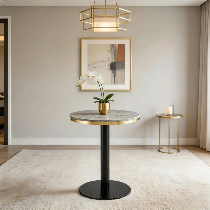 Tavolino basso rotondo con piano effetto marmo e bordo dorato, in MDF e metallo, per soggiorno, grigio, diametro 60 cm