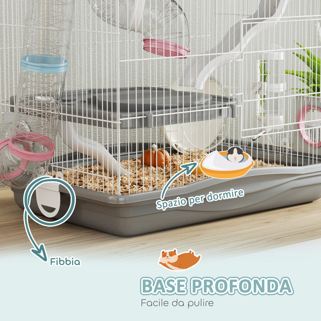 Gabbia per Criceti a 3 Livelli 45x30x45 cm e 14 Tubi con Casetta Rampa e Accessori in Metallo e Plastica Grigio