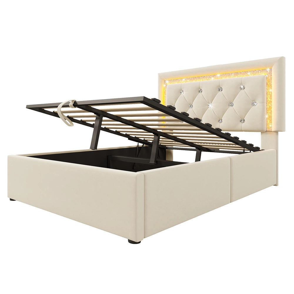 Letto imbottito-Xylo-90x200cm LED diamante USB-C idraulico velluto beige con materasso