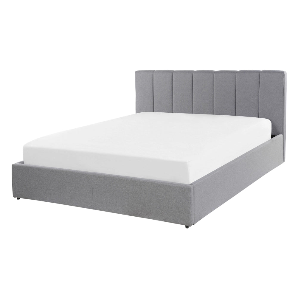 Letto contenitore Rivestimento in tessuto grigio chiaro 140 x 200 cm con testiera a doghe