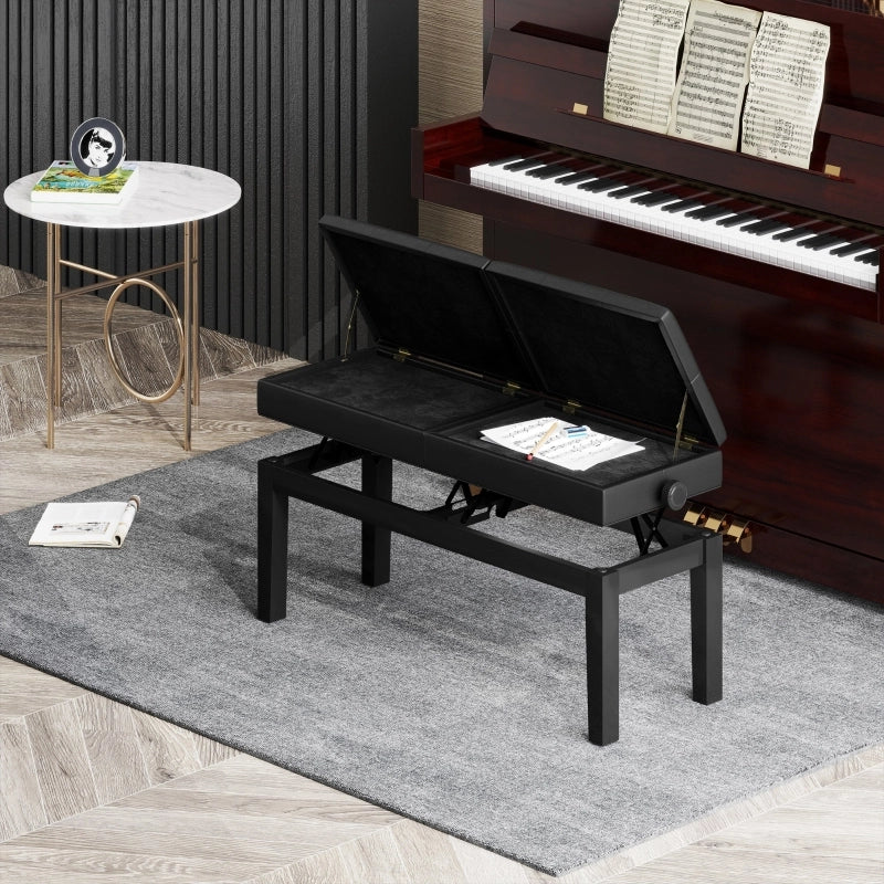 Panca per pianoforte regolabile con vano portaoggetti, seduta in ecopelle nera, 105 x 37 x 48-58 cm