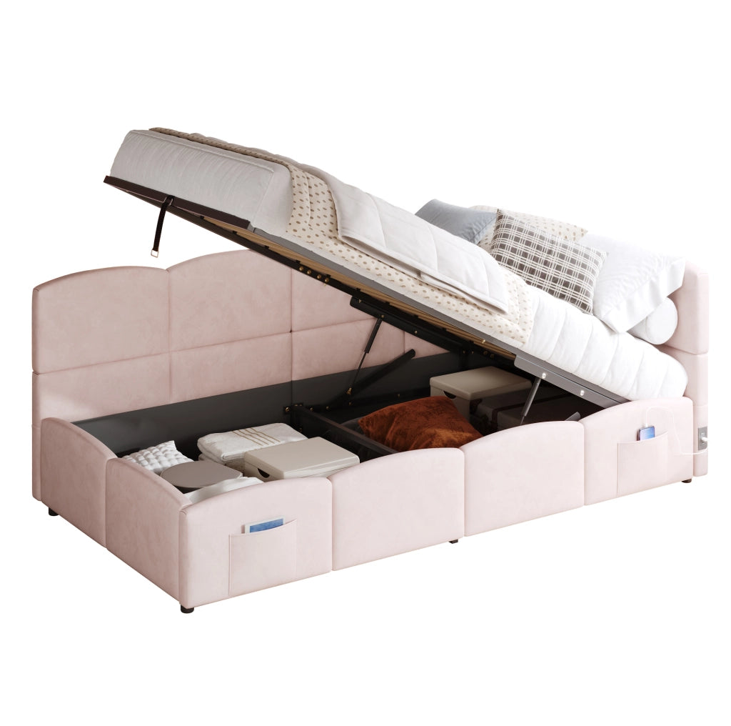 Letto imbottito 90x200 cm rosa in velluto con vano contenitore, USB e tasche
