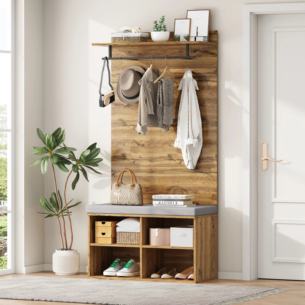 Mobile da ingresso con scarpiera imbottita, ripiano regolabile, asta appendiabiti e 2 ganci, in truciolare, rovere, 84 × 35 × 175 cm