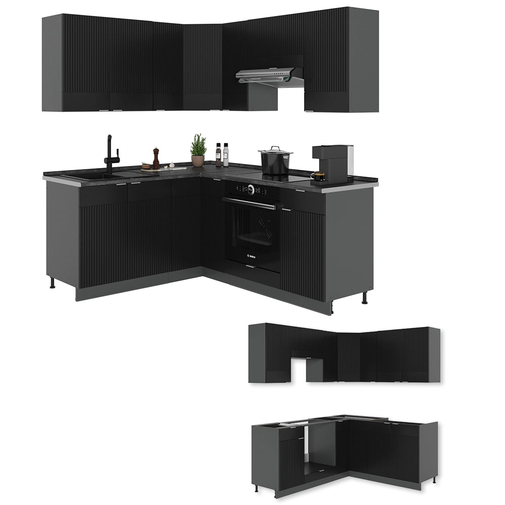 Vicco Cucina angolare completa Nero a righe/antracite 160 x 190 cm , PL Marmo