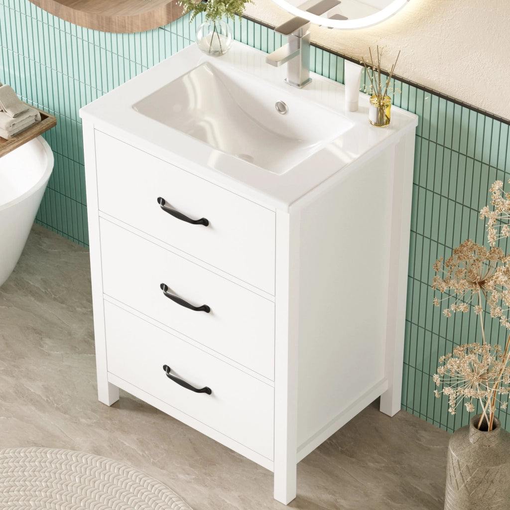 Mobile bagno freestanding 61 x 47 x 83 cm con lavabo in ceramica, 3 cassetti, bianco