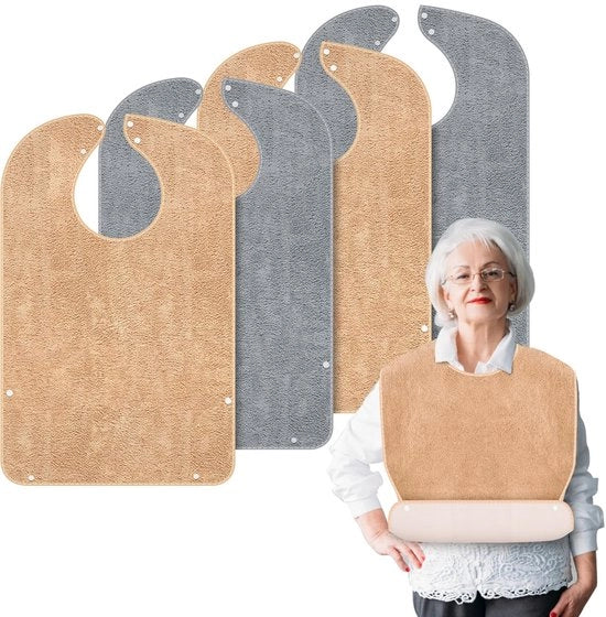 Slabbetjes per adulto, 4-pack, slabbetjes in cotone premium per adulto con cappuccio opzionale, protettore impermeabile per abbigliamento per anziani, adulti e disabili (color camel + grigio)