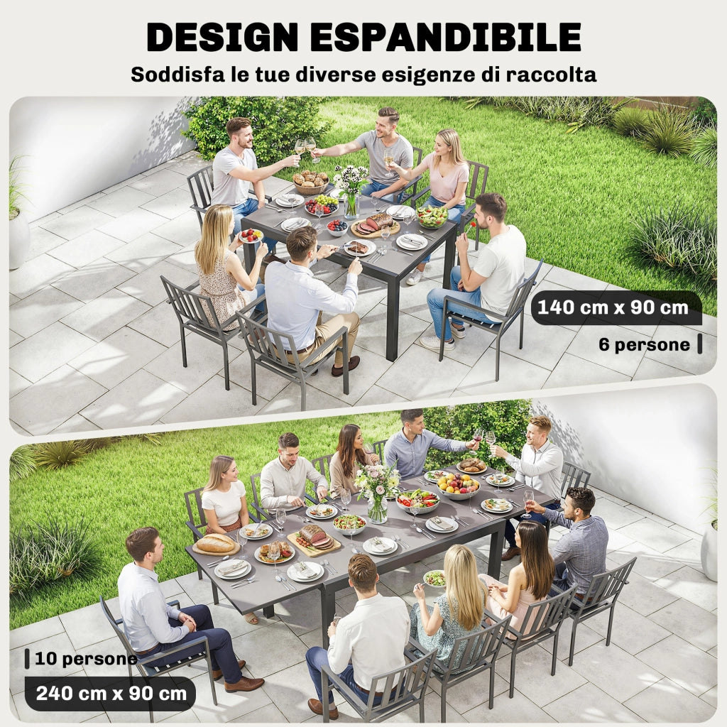 Tavolo da Giardino Allungabile 140-240x90x75 cm in Alluminio e Vetro Nero