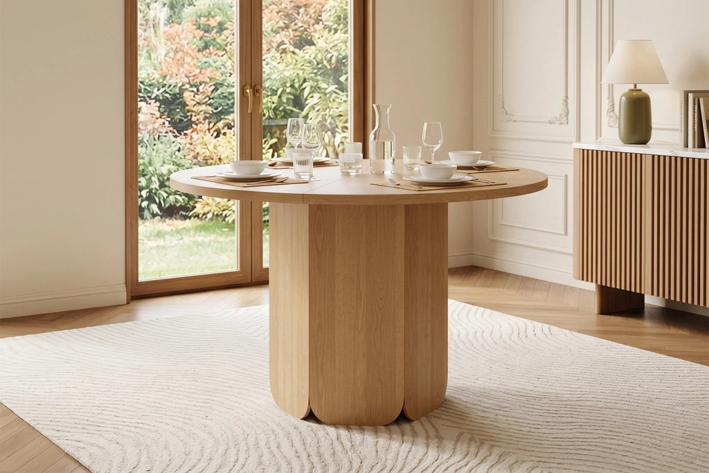 Tavolo da pranzo rotondo 120 cm in MDF effetto rovere, per 4-6 persone, design scandinavo