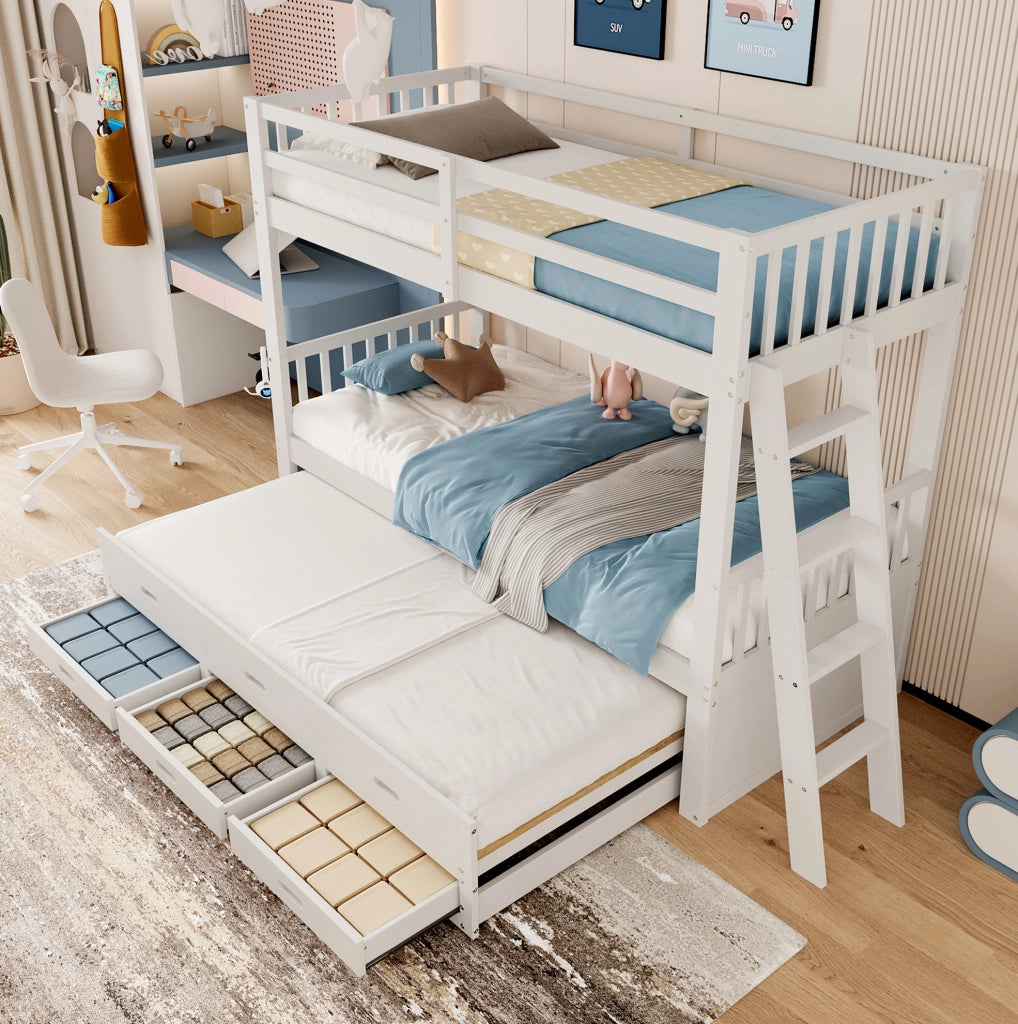 Letto a castello 90x200 cm con letto estraibile e 3 cassetti in pino e MDF bianco
