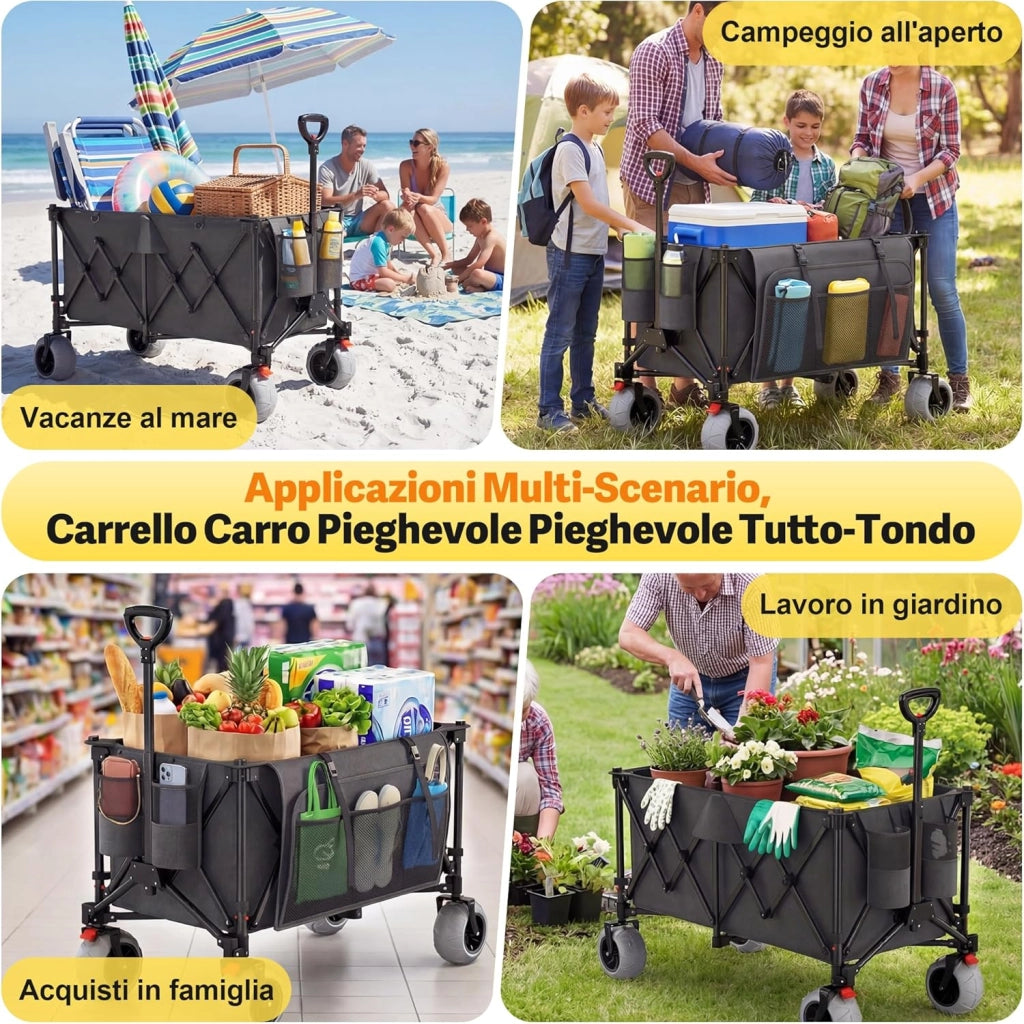 Carrello da Spiaggia Pieghevole 200L 150KG, Carrello Spiaggia per Tutti i Terreni con Ruote PU Extra Larghe 21.5x10cm, Carretto Pieghevole Maniglia Regolabile 90° per Spiaggia, Campeggio,Grigio