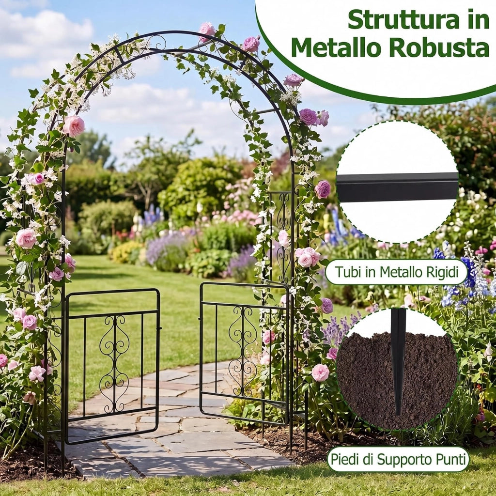 Arco da Giardino con Cancello, Pergolato per Piante Rampicanti | Pergola Decorativa in Metallo con Piedini a Punta e Chiusura, per Rose, Viti e Fiori da Matrimoni e Feste, 135x60x213 cm