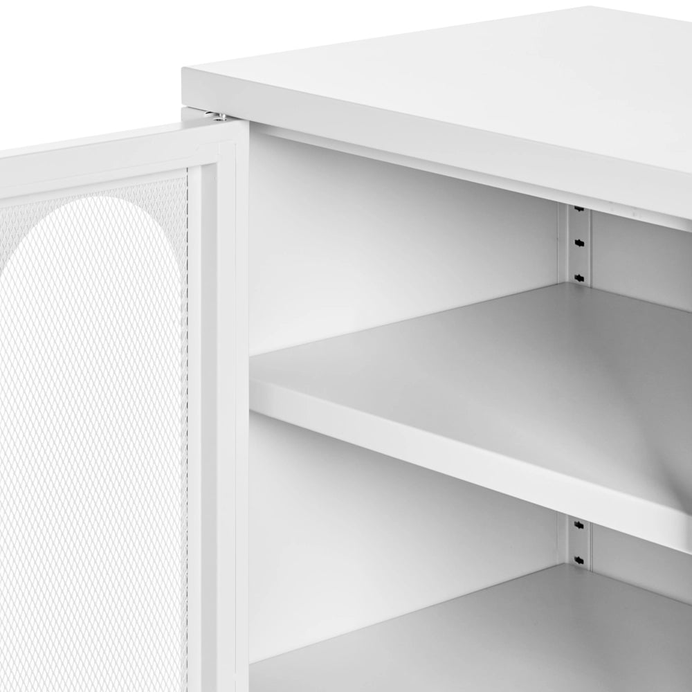 Credenza industriale moderna in acciaio con 1 anta ovale traforata e ripiano colore bianco industriale home office