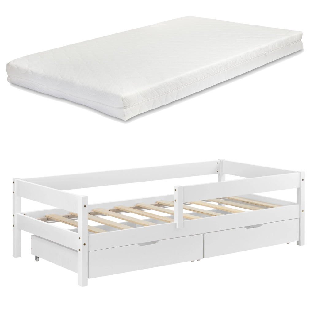 Letto per Bambino/Gioventú con 2 Cassetti Portabiancherie e Materasso Ipoallergenico a Schiuma Fredda 90x200 cm Lettino in Legno di Pino con Corrimano Laterale - Bianco