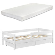 Letto per Bambino/Gioventú con 2 Cassetti Portabiancherie e Materasso Ipoallergenico a Schiuma Fredda 90x200 cm Lettino in Legno di Pino con Corrimano Laterale - Bianco