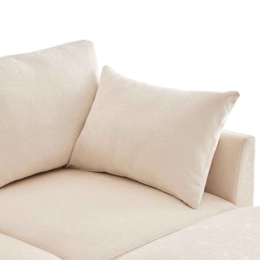 Divano modulare in chenille, trasformabile in configurazione U o L, con 2 pouf e 6 cuscini, beige