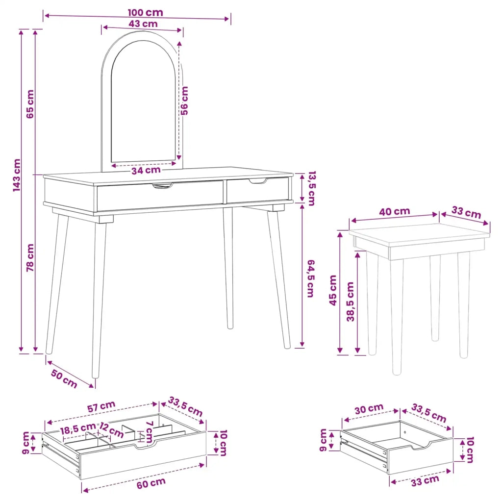 Set Tavolo da Trucco FAUSKE 3 pcs Bianco 100 x 50 x 143 cm 3438590