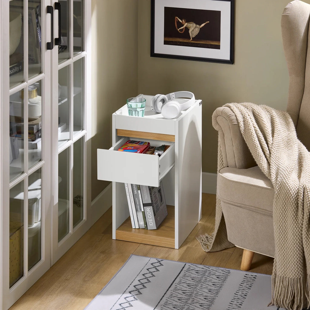 Tavolino laterale Comodino con cassetto Bianco-Naturale 30x35x55cm FBT137-W