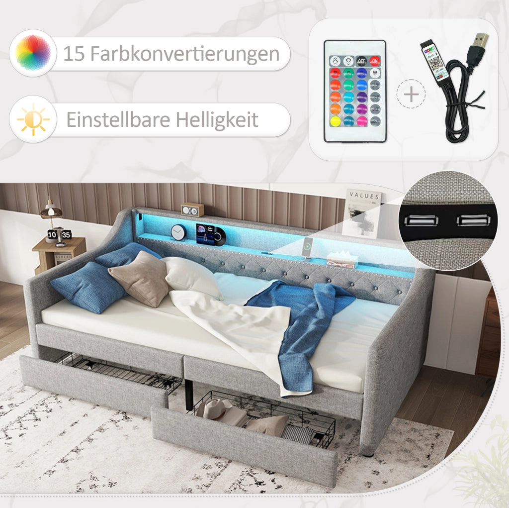Letto daybed 90 x 200 cm con luce LED, due cassetti e porta USB