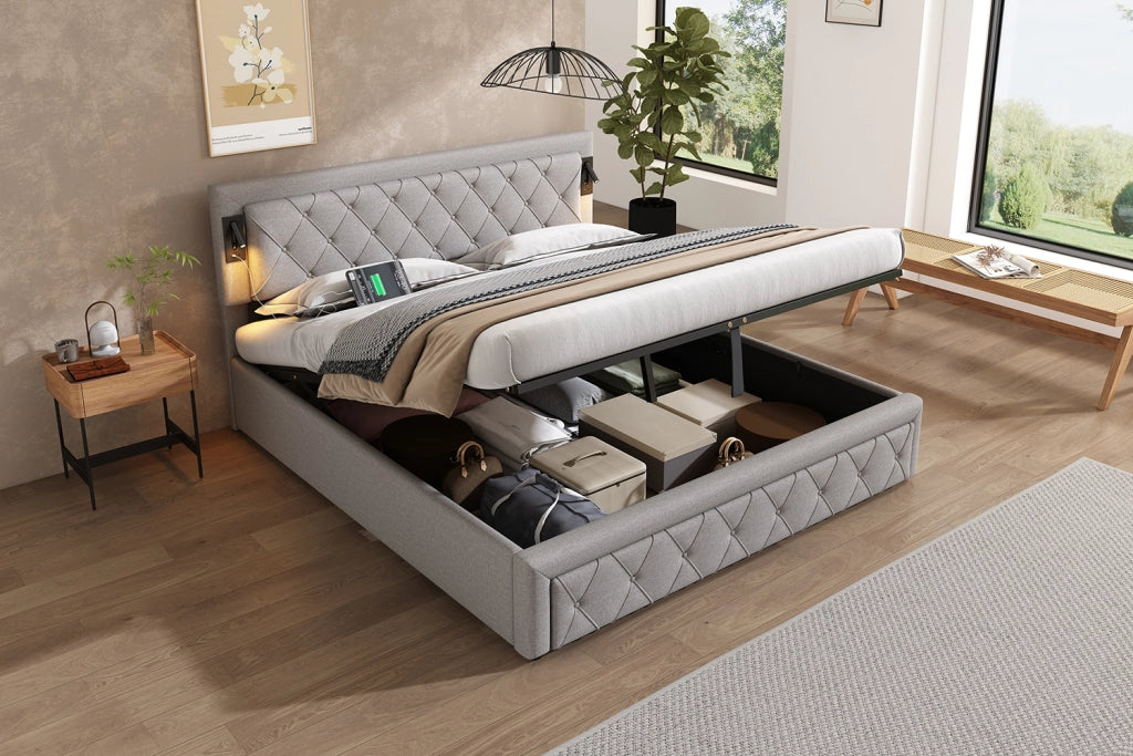 DESMIU Letto contenitore 180 × 200 cm 2 posti con LED, USB e sollevamento idraulico, senza materasso, in lino, grigio