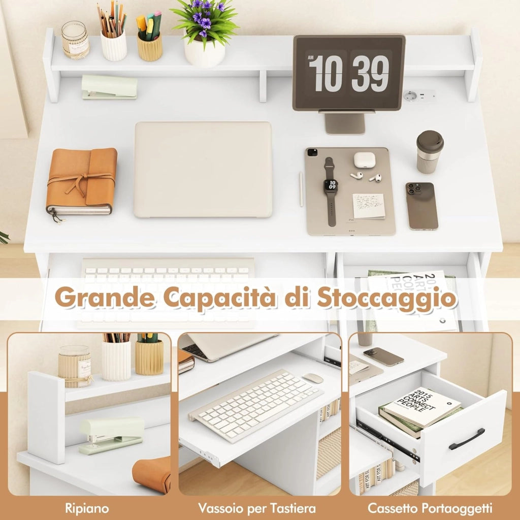 Scrivania per Computer con 2 Prese di Corrente e Prese USB, Scrivania Salvaspazio con Cassetto e Ripiano Estraibile per Tastiera e Ripiano Regolabile,105 x 55 x 89 cm, Bianco