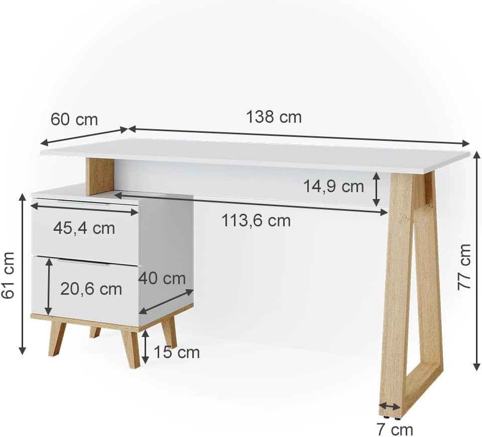 Scrivania Nautica, Bianco, 138 x 60 cm con cassetti L, adatto per postazioni di lavoro al computer e uso in home office