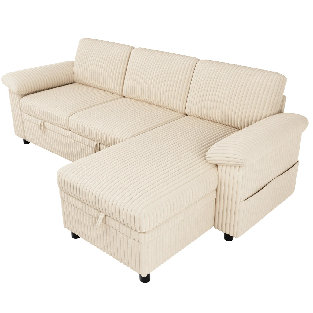 Divano angolare a L con letto estraibile e chaise longue reversibile; beige