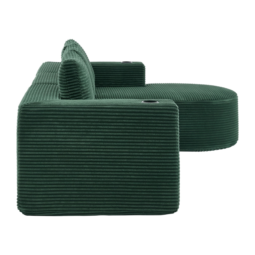 Divano dritto a 2 posti con tre cuscini e doppi portabicchieri per piccoli spazi in poliestere verde retro