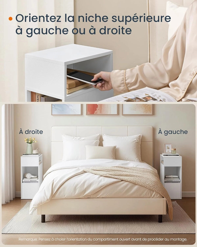 Comodini Sottili, Toolless Montaggio Super Veloce Senza Attrezzi, Set di 2 Tavolini con 2 Scomparti Aperti e 1 Cassetto, per Camera da Letto, 30 x 25 x 59,4 cm, Bianco Neve LET912WE01