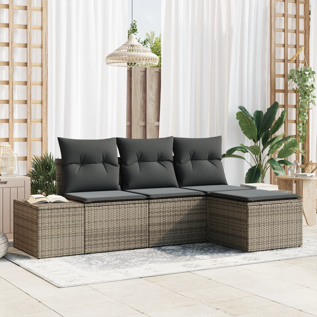 Set di Divani da Giardino in 4 Pezzi con Cuscini Grigi in Polyrattan