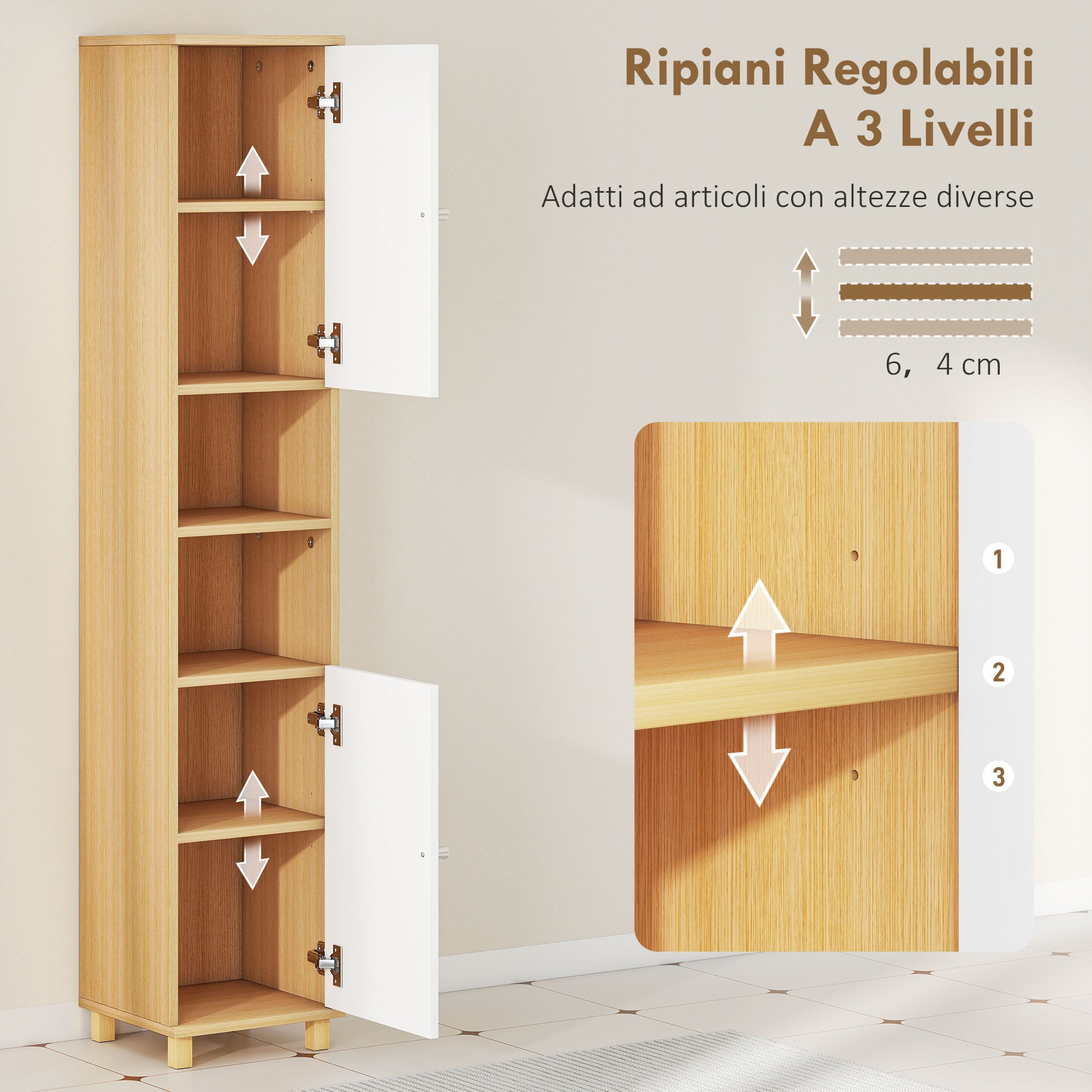 Mobile Colonna Bagno 30x30x166 cm con 2 Armadietti e Ripiani Aperti Bianco e Legno