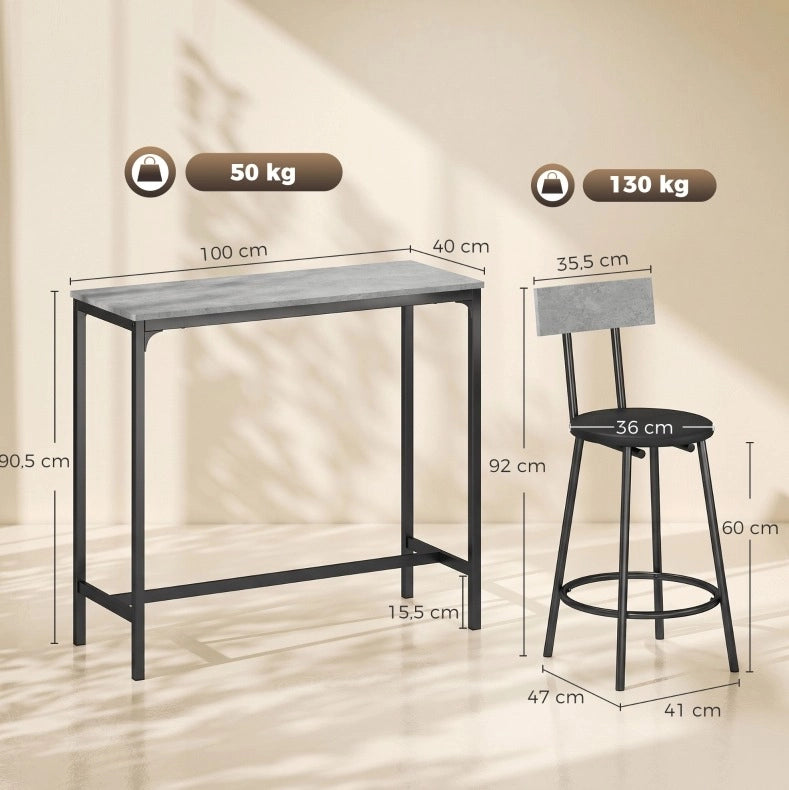 Set tavolo bar con 2 sgabelli imbottiti grigio