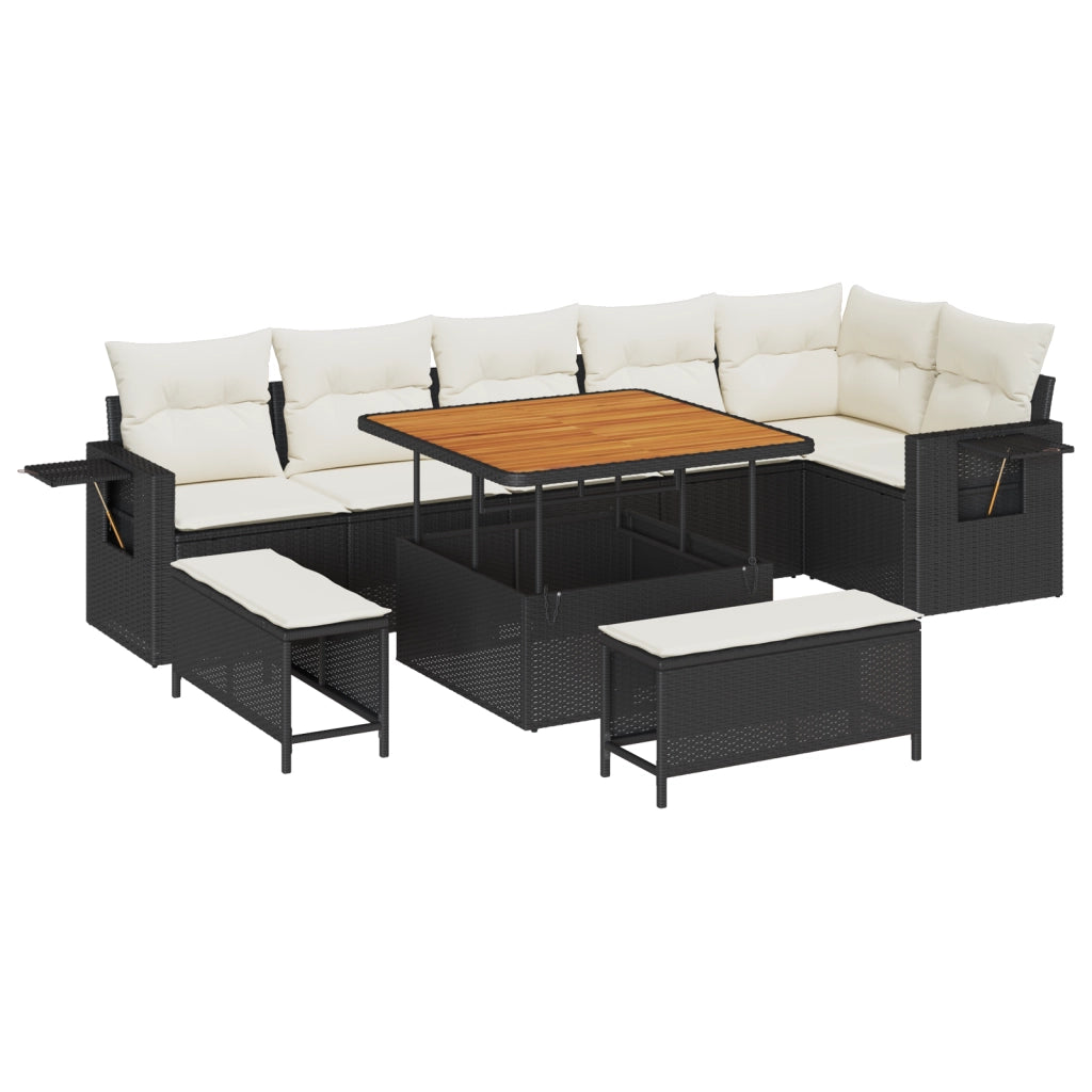 Set Divano da Giardino 9 Pezzi con Cuscini Nero Rattan Polietilene Acacia