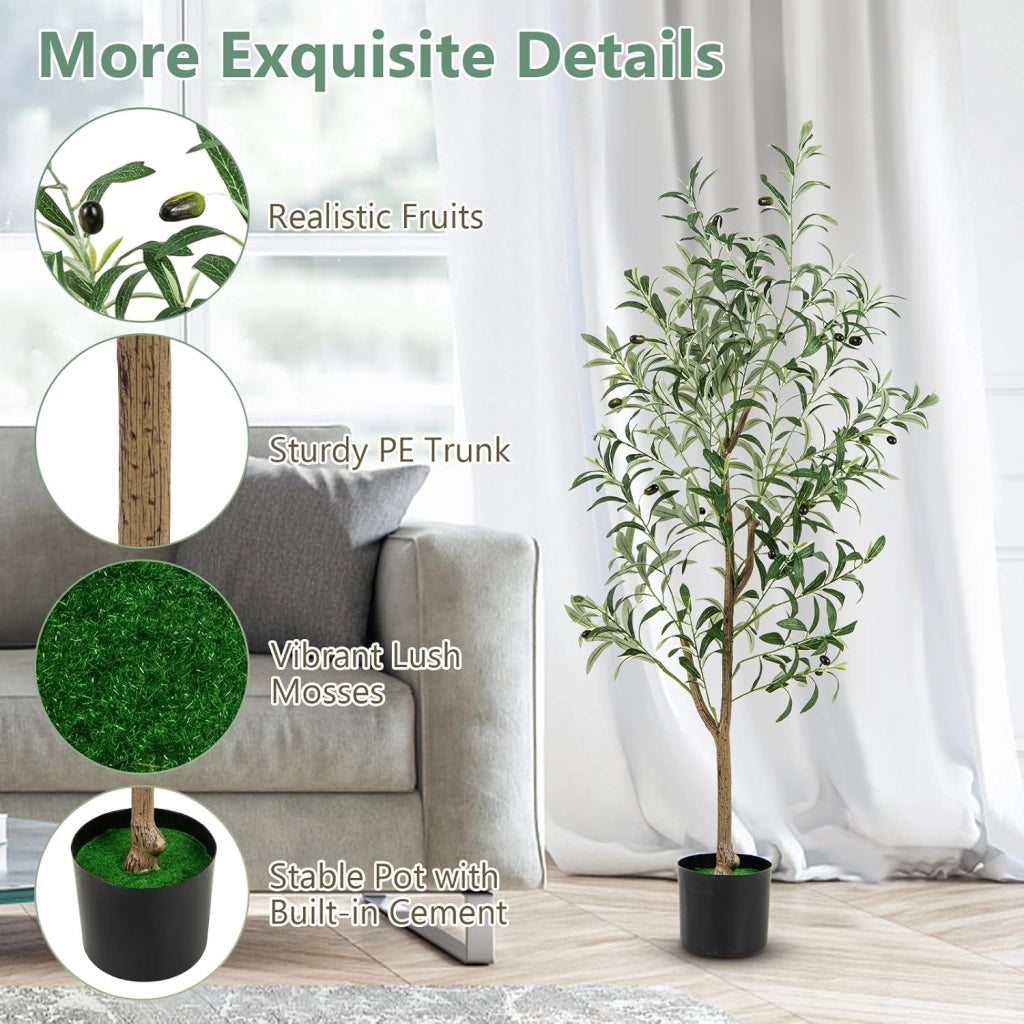 Set di 1/2 alberi di ulivo artificiali, pianta falsa da 130 cm con foglie e frutti realistici, tronco resistente in PE e base stabile, pianta decorativa per interni ed esterni (2)