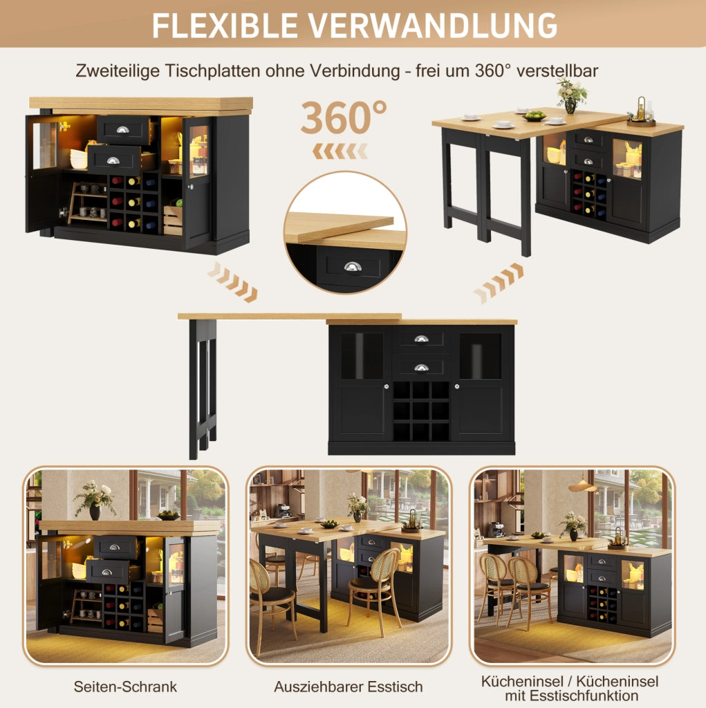 Tavolo estensibile girevole 360° con LED e portabottiglie, nero