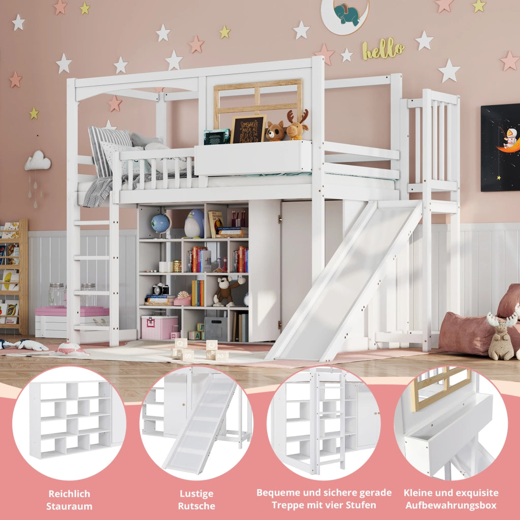 Letto a Castello 90x200 cm; Rampa laterale; Scaffale e Armadio; Bianco Naturale
